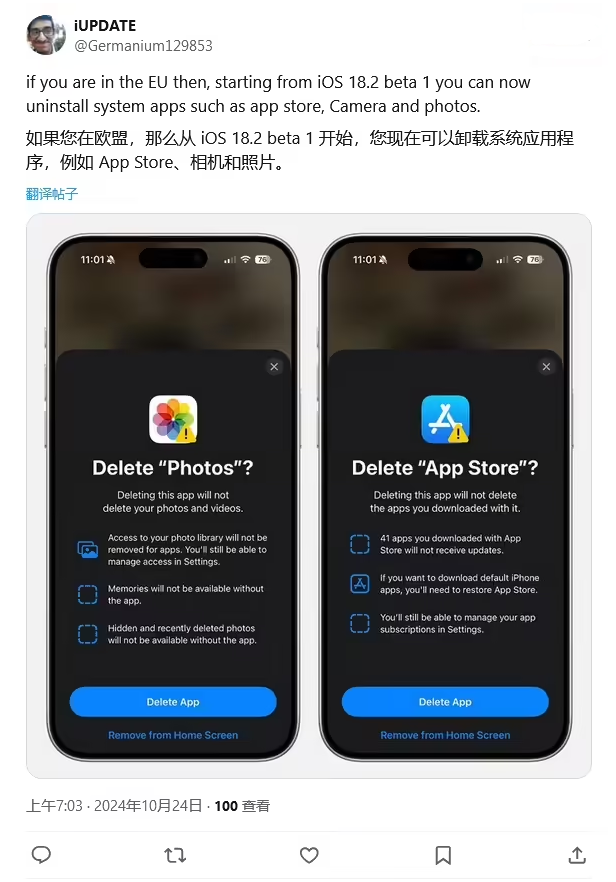 修武苹果手机维修分享iOS 18.2 支持删除 App Store 应用商店 